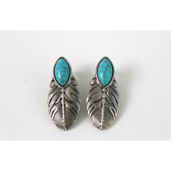 Vintage Faux Turquoise Silver Tone Drop Earrings Feather Design Post Back - Picture 1 of 4